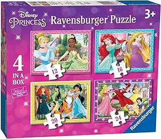 Ravensburger - Puzzle Principesse Disney, Collezione 4 in a Box, Idea Regalo per Bambini 3+ Anni, Gioco Educativo e Stimolante, 4 Puzzle 12-16-20-24 Pezzi, 70x50 cm