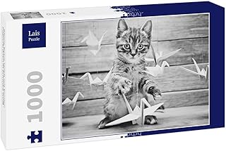 Lais Puzzle Piccolo Gatto Che Gioca con Gru di Carta Colorata in Bianco e Nero 1000 Pezzi