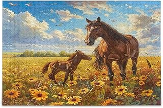 Acquerello Cavalli Girasole Campo Puzzle con Lettere sul Retro 1000 Pezzi Puzzle per Famiglia 75 × 50 cm