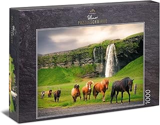Ulmer Puzzleschmiede - Puzzle 'Islandesi' da 1000 Pezzi - Cavalli e Paesaggio Con Cascata Seljalandsfoss in Islanda - Animali e Natura