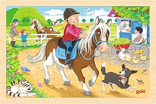 goki 57412 Ponyhof puzzle in legno, puzzle in legno con motivi di cavalli, giocattolo educativo e puzzle per bambini, promuove l'immaginazione e le capacità motorie dei bambini, 30 cm x 20 cm, set da