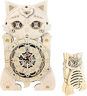 Kit puzzle 3D con orologio a forma di gatto, modello in legno, blocco da costruzione originale, puzzle creativi per adulti, orologio unico, decorazione da parete moderna per soggiorno, caffetteria