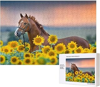 Girasole giallo stampato a forma di cavallo,Puzzle in legno da 300 pezzi per famiglie, per adulti e adolescenti, decorazioni per la casa