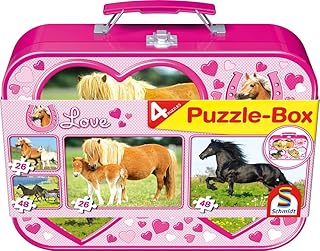 Schmidt Spiele GmbH Cavalli - Scatola Puzzle, 2 x 26, 2 x 48 Pezzi, in Valigetta di Metallo