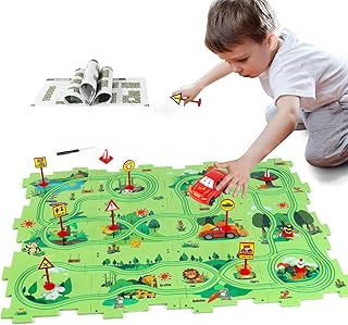 XAZASTOV Puzzle Pista Macchinine per Bambini 3 4 5 6 Anni, Puzzle Auto Giocattolo con Veicoli Elettrico, Gioco di Pista con veicoli Puzzle Giocattolo Educativo per Ragazzi e Ragazze, Verde